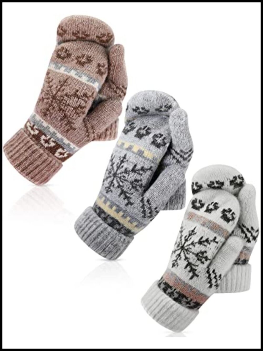Knit Mittens for Women Fleece Lined Winter Snowflake Mittens 3 Pairs